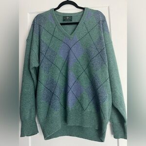 Alan Paine Green & Blue Argyle Lambswool Men's Sweater, XL